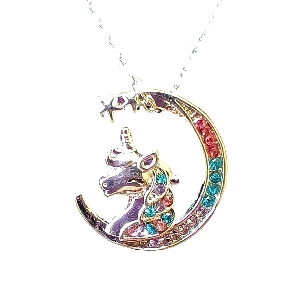 Silver Gold Plated Unicorn Pendant Necklace Moon Stars Rainbow Rhinestones - Picture 1 of 7